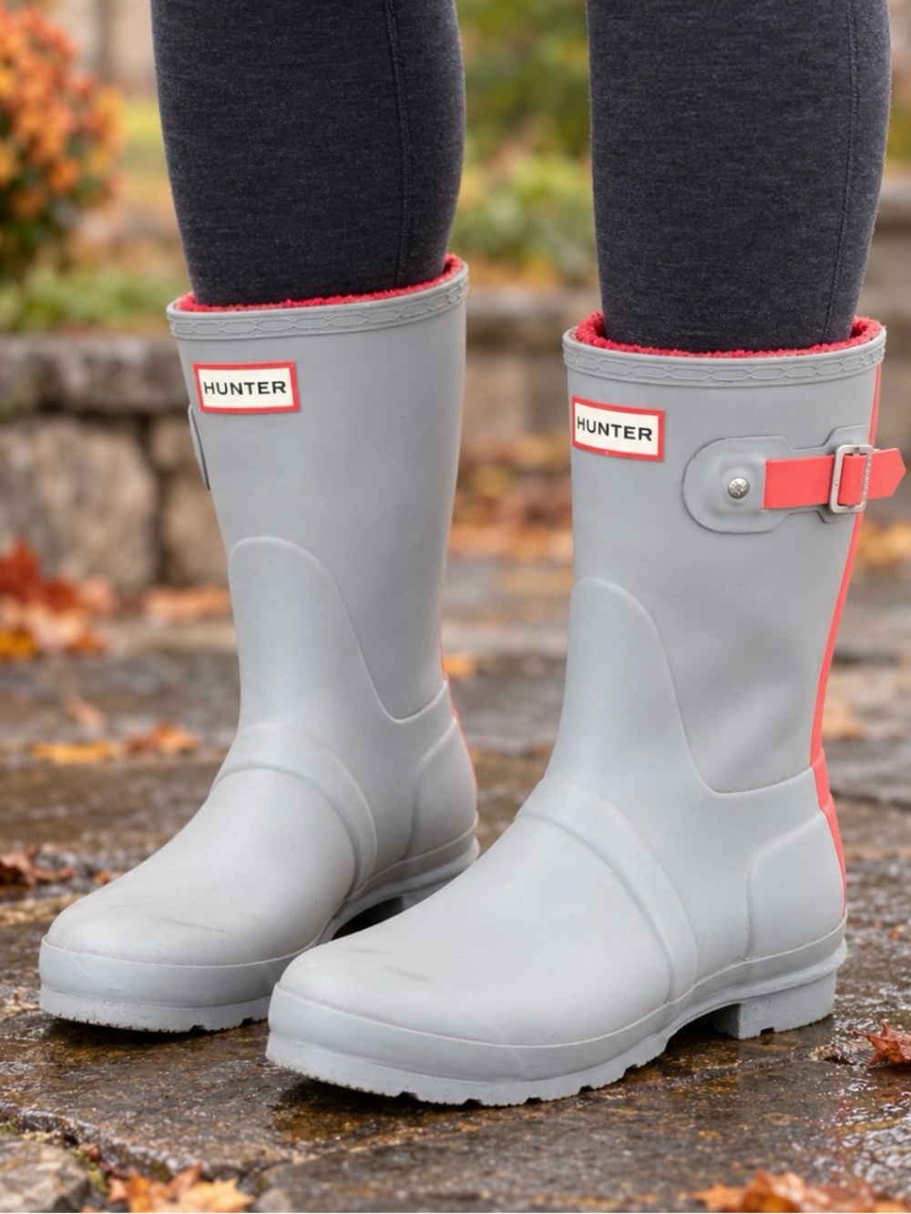 Hunter Grey & Red Fleece-Lined Short Rain Boots Size 7